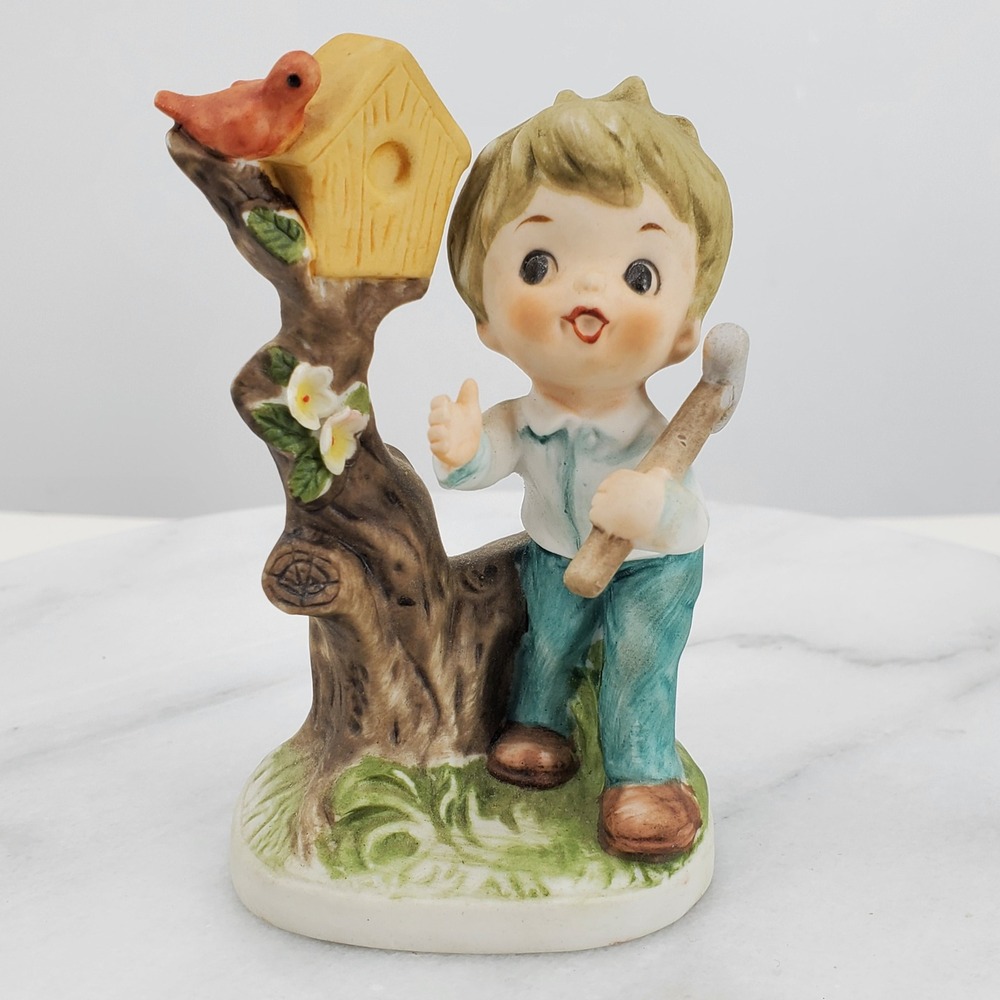 Vintage Napcoware Ceramic Boy Figurine with Birdhouse and‎ Hammer Matte Finish